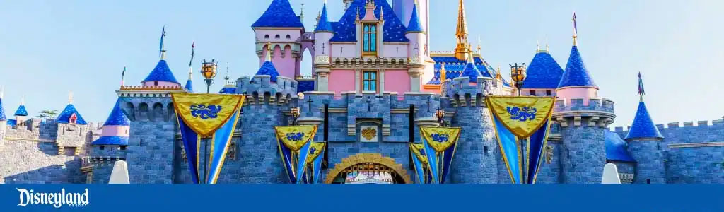 Disneyland's Sleeping Beauty Castle adorned with decorative banners under a clear sky.