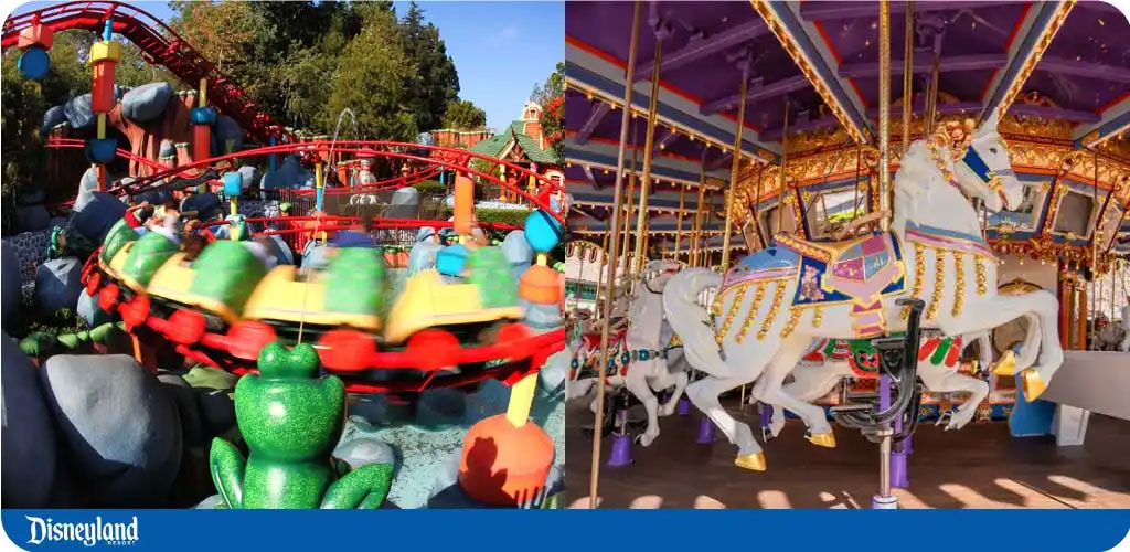 "Two theme park rides: a spinning caterpillar coaster and a classic carousel with horses."