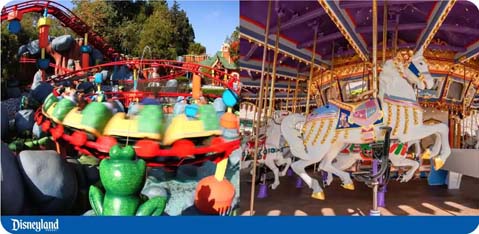 Colorful Disneyland rides: a spinning caterpillar attraction and a classic carousel with horses.