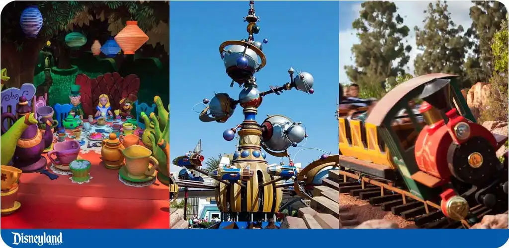 Collage of Disneyland rides: teacups, Astro Orbitor, and a train.