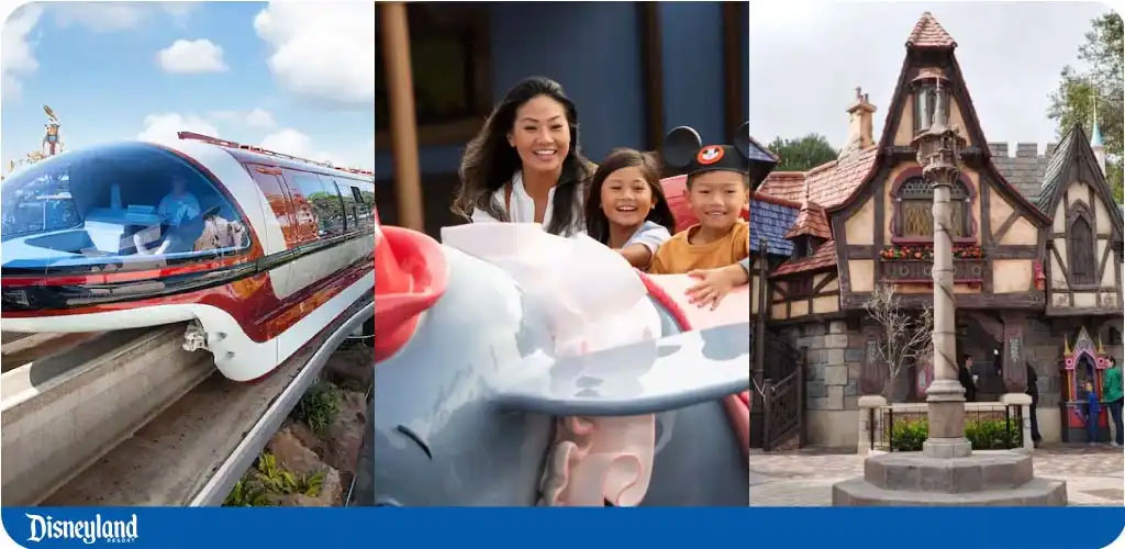 Tri-panel image featuring Disneyland attractions: monorail, smiling family on ride, fantasy building.
