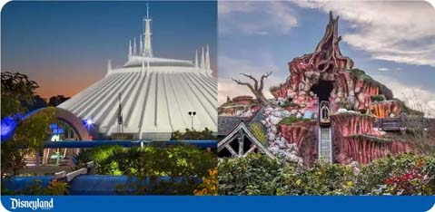 "Space Mountain on left and Splash Mountain on right, Disneyland attractions."