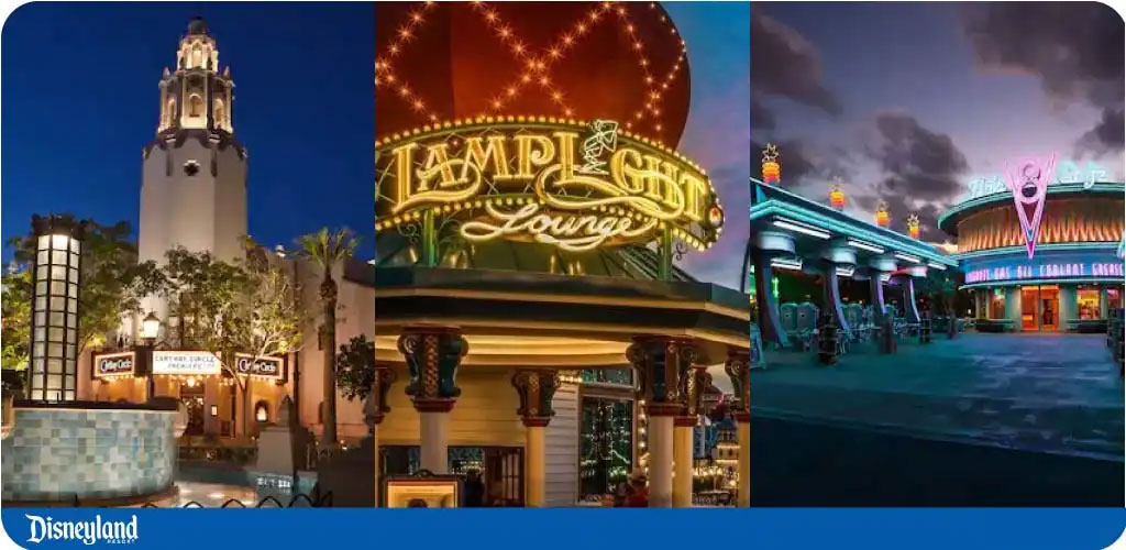 A triptych of illuminated night scenes from a theme park featuring an iconic tower, a neon-lit lounge sign, and a vibrant entrance.