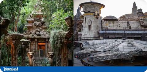 A jungle-themed attraction entrance and a starship display at Disneyland.