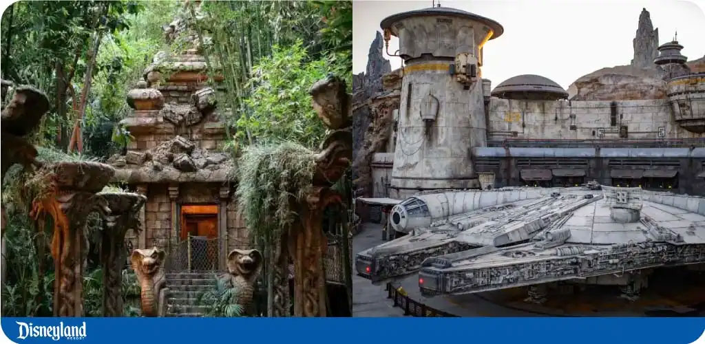 Two themed areas: a jungle ruin entrance on the left; a spacecraft resembling the Millennium Falcon on the right.