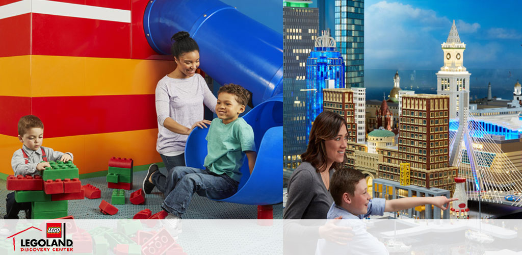 Image features two scenes from LEGOLAND Discovery Center. On the left, a mother smiles at her child on a slide surrounded by oversized LEGO bricks. A boy plays with smaller bricks in the foreground. The right shows a woman and boy admiring a detailed LEGO cityscape with miniature buildings.