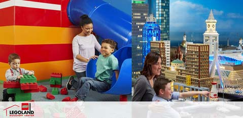 Image shows a vibrant, colorful collage from LEGOLAND Discovery Center. On the left, children build with large red and green LEGO bricks. In the center, a child exits a blue slide. On the right, a family admires a LEGO cityscape with impressive miniature buildings. The LEGOLAND logo is visible.