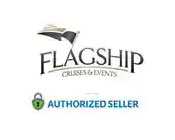 This image features the logo for Flagship Cruises & Events. The logo comprises stylized text that reads "FLAGSHIP," with a graphic of a ship's steering wheel doubling as the letter 'O' in "FLAGSHIP." Above the text is an illustration of a nautical pennant flag. Below the main text, the words "CRUISES & EVENTS" appear in a smaller font. Directly beneath that is a banner that reads "AUTHORIZED SELLER" with a padlock icon to the left, suggesting a secure and official relationship for ticket sales. At GreatWorkPerks.com, we pride ourselves on offering exclusive savings to our customers, ensuring they enjoy the lowest prices on tickets for their favorite cruises and events.