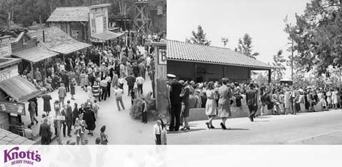 This is a black and white image showing two scenes of Knott's Berry Farm. On the left, a crowded area with visitors strolling and conversing, and various buildings and trees in the background. On the right, a line of people waits outside a shaded structure, likely an attraction entrance. Trees line the street, and the Knott's Berry Farm logo is visible in the corner.