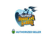 This image features the logo of Six Flags Hurricane Harbor, represented by a stylized depiction of a blue heart with water wave patterns and splashes of water. The words "Six Flags Hurricane Harbor" are prominently displayed in the center, with "Hurricane" in large, bold white letters that give a dynamic and exciting feel to the text. Below the logo, there is a green badge with the text "AUTHORIZED SELLER" indicating that the establishment is an official retailer. GreatWorkPerks.com offers special discounts and savings on tickets to provide you with the lowest prices for your favorite attractions.