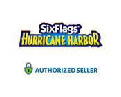 Logo of Six Flags Hurricane Harbor with a padlock icon and the text Authorized Seller below. The logo features bold, stylized text with a wave element underlining the word Hurricane. The color scheme includes yellows, blues, and purples.