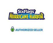 Logo of Six Flags Hurricane Harbor with the words Authorized Seller beneath it. The logo features bold text primarily in blue and yellow with a wave design emphasizing the water park theme.