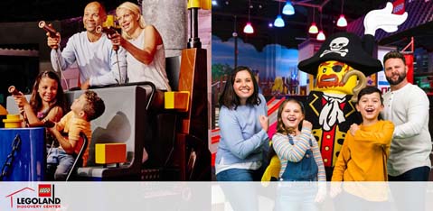 The image is a split-frame photo promoting LEGOLAND Discovery Center. On the left, a photo depicts three generations enjoying a LEGO ride, with a child operating a joystick and the adults cheering. On the right, a family poses with a life-sized LEGO pirate figure, displaying happy expressions. Bright indoor lighting and colorful LEGO aesthetics are evident in both photos.