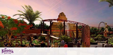 The image features an artist's rendering of a theme park. In the foreground, visitors can be seen walking and sitting in a landscaped outdoor area with abundant greenery and bright flowers. A roller coaster with red tracks passes overhead and through a structure resembling an ancient temple. The background shows a twilight sky with light streaks, adding to the impression of a warm, adventure-filled ambiance. The  Knott's Berry Farm  logo is visible in the bottom right corner.