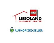 The image features three logos. The top left logo has a red house outline with the word LEGO in white inside a red rectangle. Below is the text LEGOLAND DISCOVERY CENTER with a stylized black font. The bottom right shows a green padlock with a checkmark captioned AUTHORIZED SELLER. The logos indicate a partnership or resale authorization between the entities.