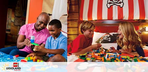 Image Description: The image is split into two panels reflecting activities at the LEGOLAND Hotel. On the left panel, a smiling adult with a shaved head and a pink polo shirt is building a LEGO structure with a young child, who is wearing a blue polo shirt. They are seated at a wooden table filled with colorful LEGO bricks in a room with LEGO-themed decor. On the right panel, two children are excitedly playing with a multitude of LEGO bricks on a bed. A boy with light brown hair is wearing an orange-and-white striped t-shirt, and a girl with blonde hair is wearing a white t-shirt. They are surrounded by a playful room ambiance featuring a pirate flag on the wall. The shared experiences seem to be bringing joy to the participants through the creative play with LEGOs.

Don't miss out on building your own amazing memories! At GreatWorkPerks.com, we offer exclusive discounts on LEGOLAND hotel stays, ensuring your next family vacation comes with the joy of savings and the guarantee of the lowest prices on tickets.