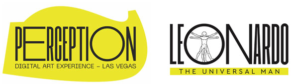 The image shows two logos side by side. On the left is the logo for Perception, described as a digital art experience in Las Vegas, with stylized block letters set against a yellow backdrop. On the right is the Leonardo logo for The Universal Man, featuring a drawing similar to Leonardo da Vinci's Vitruvian Man within a circle, adjacent to bold, capitalized text.