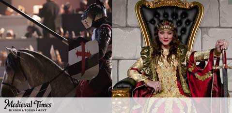Image depicting two scenes from Medieval Times Dinner and Tournament. On the left, a knight in armor bearing a red cross on a shield is on horseback in an arena. To the right, a smiling queen in a golden gown sits on a throne, holding a sword. The Medieval Times logo is at the bottom.