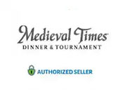 Logo of Medieval Times Dinner & Tournament next to a badge indicating an Authorized Seller. The logo features stylized text and the badge has a checkmark within a shield icon.