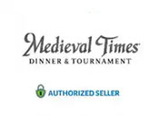 Logo of Medieval Times Dinner & Tournament with a crest graphic. Below the main logo is a badge indicating Authorized Seller status. The design conveys a theme of historic chivalry and dining entertainment.