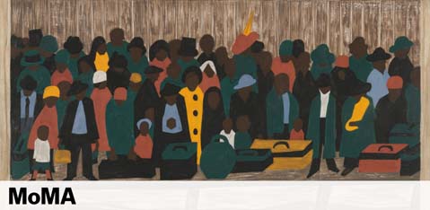 This image features a painting with a crowded scene of stylized figures in a variety of earthy and muted tones, interspersed with pops of brighter colors such as red, yellow, and green. The figures appear to congregate or wait in a group, possibly at a station or public space, under a flat, overhanging structure with vertical lines, suggestive of a shelter or canopy. The artwork is credited to MoMA, indicating it is part of their collection.