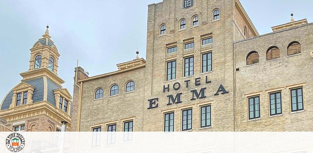 Facade of Hotel Emma with large letters on the building and a distinctive cupola.