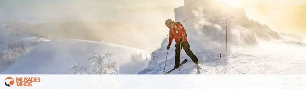 Description: The image showcases a winter scene with an individual skiing on a snow-covered mountain slope. The skier, clad in a red jacket, black pants, and carrying ski poles, is making their way down the slope with a backdrop of snowy mountains, frosted trees, and a hazy sky illuminated by soft sunlight penetrating the mist. The conditions suggest a cold yet serene winter environment, ideal for ski enthusiasts. In the lower left corner, there is a logo of "Palisades Tahoe," suggesting the location or affiliation of the ski scenery.

At GreatWorkPerks.com, we offer unbeatable discounts and savings on tickets, ensuring you get the lowest prices for your next snowy adventure at Palisades Tahoe.