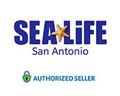 Logo for SEA LIFE San Antonio, featuring the text in blue with an orange starfish above the 'I' in 'LIFE'. Below the main text, the words 'San Antonio' in smaller font, with a green checkmark and the words 'AUTHORIZED SELLER' beneath it, indicating an official endorsement.