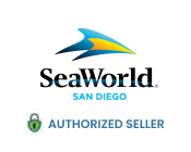 Logo of SeaWorld San Diego featuring a stylized blue, yellow, and black swoosh above the text 'SeaWorld SAN DIEGO' in bold. Below is a green checkmark followed by the words 'AUTHORIZED SELLER.'