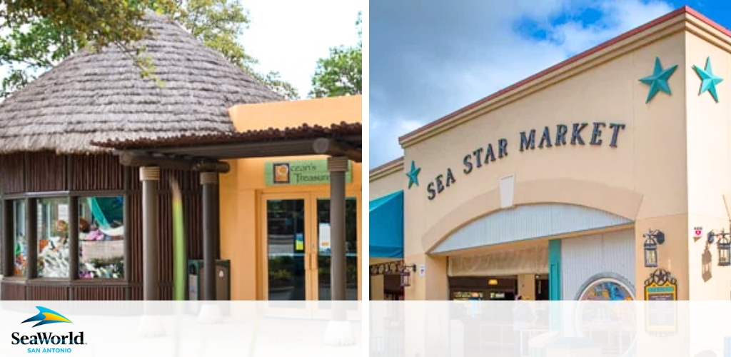 Image split into two halves. On the left is a round building with a thatched roof, labeled as 'Ocean's Treasures,' nestled within a lush environment. On the right, a storefront named 'Sea Star Market' features a beige facade with blue stars and a blue awning. The SeaWorld San Antonio logo is visible in the center bottom.