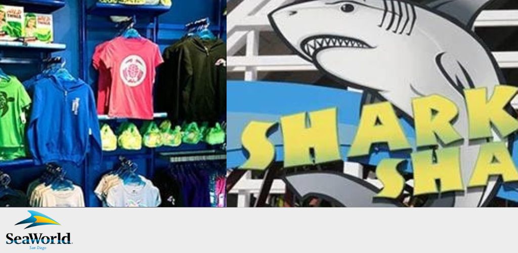 Merchandise display with shark graphics and SeaWorld logo.