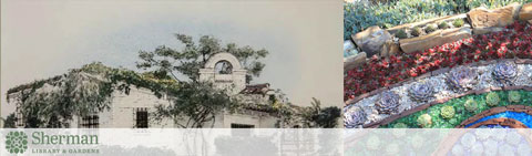 This image is a collage composed of two separate pictures with a logo and text overlay. On the left side of the collage, there is an image of a classical white building with Spanish colonial architectural elements, including a clay tile roof, archways, and lush greenery partially obscuring the facade. The sky appears overcast. The right side of the image shows a close-up of a colorful, artistic installation featuring intricate mosaic patterns. The mosaic seems to be part of a bench or wall and includes a variety of vibrant colors such as blue, red, and green with different shapes and textures of tiles.

Centered between the two photos is the logo and text for "Sherman Library & Gardens," which suggests that the images may be associated with this location's features.

As you plan your visit to Sherman Library & Gardens, remember that GreatWorkPerks.com is your go-to source for the lowest prices and best savings on tickets to numerous attractions.