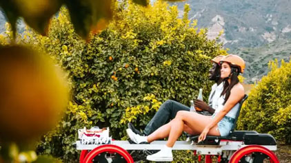 Description: This image features a person enjoying a leisurely ride outdoors on a railbike. The individual, wearing a safety helmet, denim shorts, a light-colored top, and white shoes, is seated comfortably on the red and silver railbike. Their relaxed posture and gaze directed upwards suggest a moment of contemplation or admiration of the natural surroundings. Lush greenery and vibrant foliage form the scenic backdrop, with hints of mountainous terrain visible in the distance. In the foreground, out-of-focus leaves add depth to the scene, framing the picturesque moment.

At GreatWorkPerks.com, we're dedicated to bringing you not only the joy of new experiences but also the satisfaction of savings—don't miss out on our discounts for the lowest prices on tickets for your next adventure!