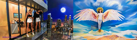 This image is a composite of two separate scenes. The left half features four individuals on an observation deck, enjoying a city skyline view at night. They are standing behind a safety barrier, taking in the sights of the city's illuminated buildings. The sky fades into twilight with a blend of deep blues and purples. The right half of the image depicts an artistic mural of a person with large white wings, representing an angel, standing atop a mountain peak under a blue sky with scattered clouds. The angelic figure is embracing the moonlight with arms extended and head turned upwards. The composition suggests a theme of adventure and exploration, both in the urban environment and in the realm of imaginative art.

At GreatWorkPerks.com, explore a wide variety of attractions and secure your tickets at the lowest prices, ensuring your adventures are accompanied by unbeatable savings.