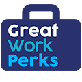 The image features the logo of Great Work Perks. It has a deep blue background with the name of the company displayed in large, white, and light-blue letters. The design is modern and clean, with a light-blue accent on the right side of the logo, adding a pop of color.