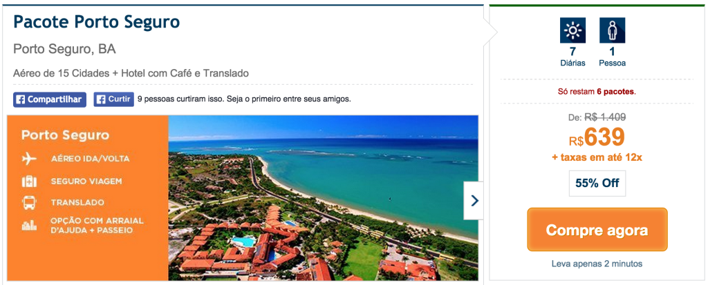 Printscreen do site Hotel Urbano de pacote para Porto Seguro, partindo de 15 cidades