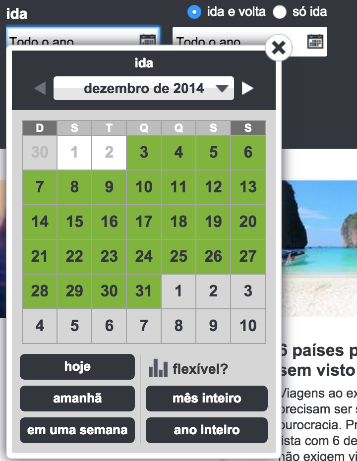 Opções de data liberada pelo Skyscanner