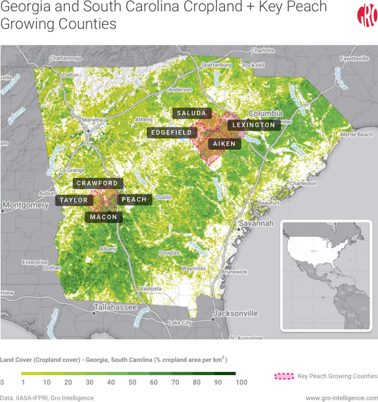 Georgia and South Carolina Cropland + Key Peach Growing Counties