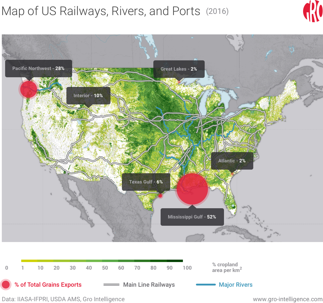 Map of US Railways, Rivers, and Ports