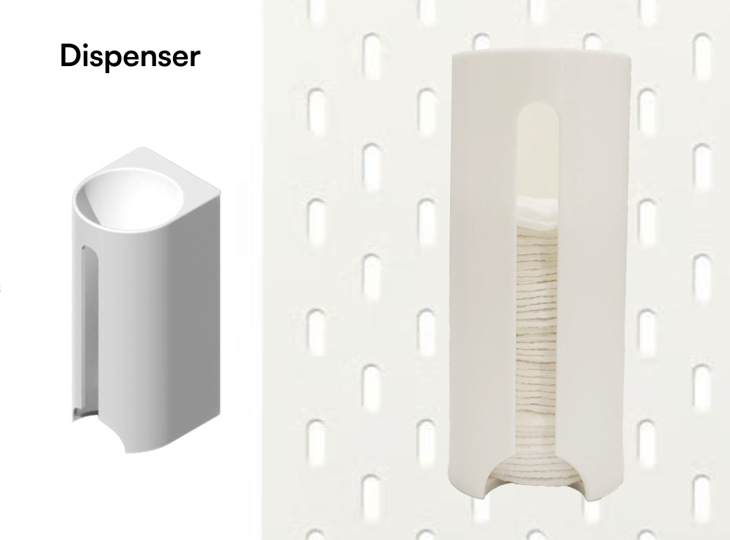 2) DISPENSER PER DISCHETTI DI COTONE: è un contenitore cilindrico aperto frontalmente che permette di estrarre un dischetto alla volta con un semplice movimento della mano, eliminando la necessità di aprire confezioni o cercare i dischetti in una scatola.