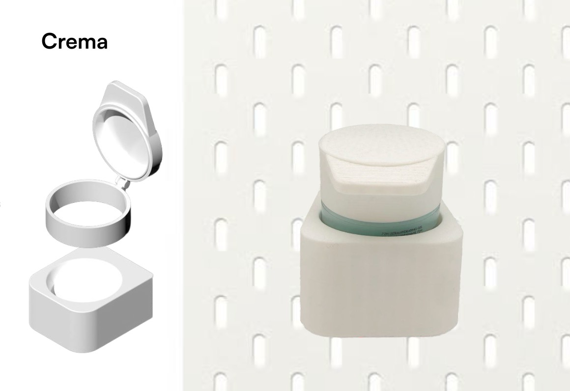 5) CONTENITORE PER LA CREMA: è una base quadrata con sede interna che accoglie il vasetto originale tenendolo inclinato e un coperchio a cerniera apribile con un solo dito, che stabilizza il vasetto durante l'utilizzo ed elimina la necessità di svitare un tappo.