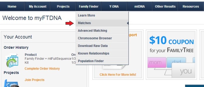 Go to the Family Finder Matches Page