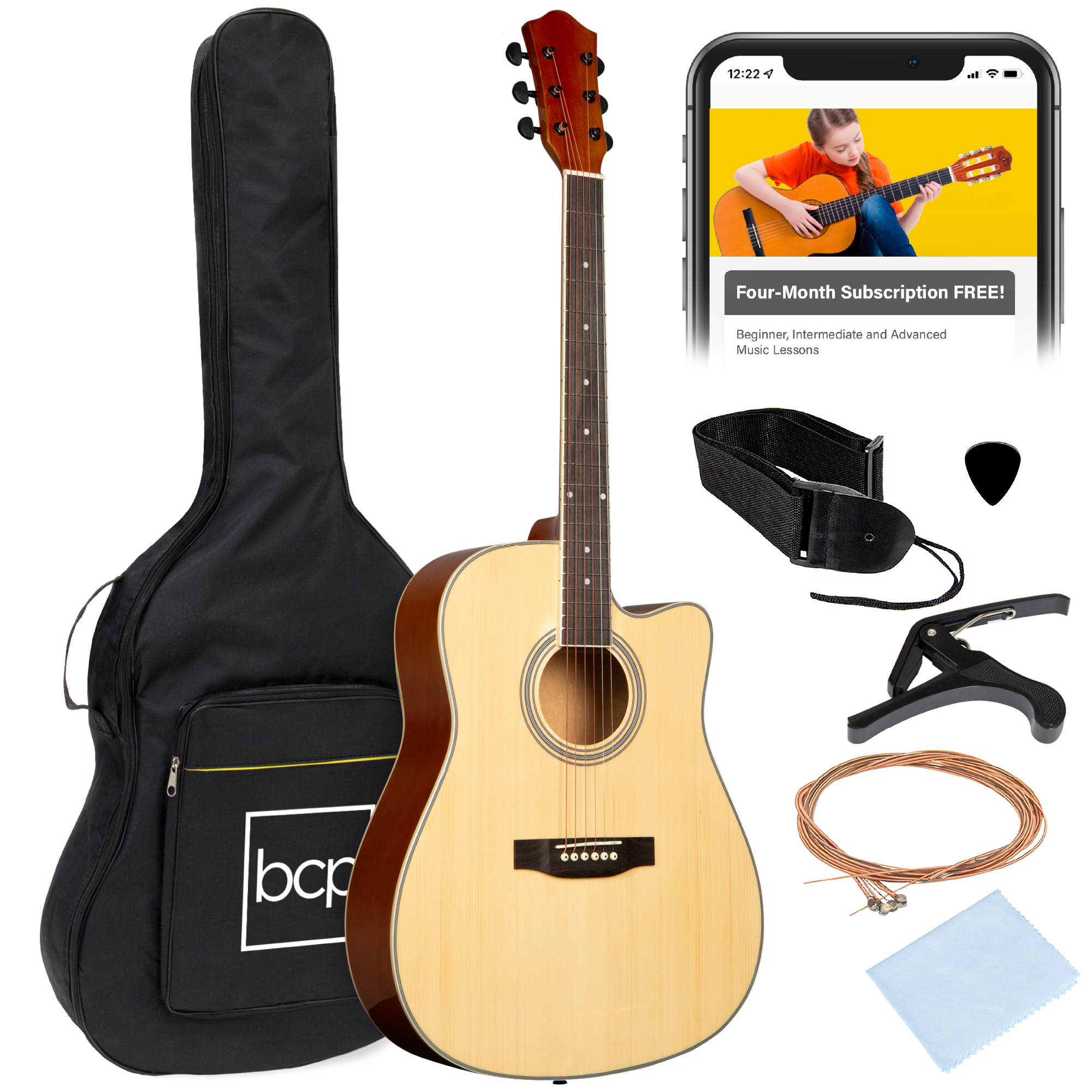 41in Full Size Beginner Acoustic Guitar Set w/ Case, Strap, Capo, Strings, Pick, Tuner - Natural - Best Choice Products Online