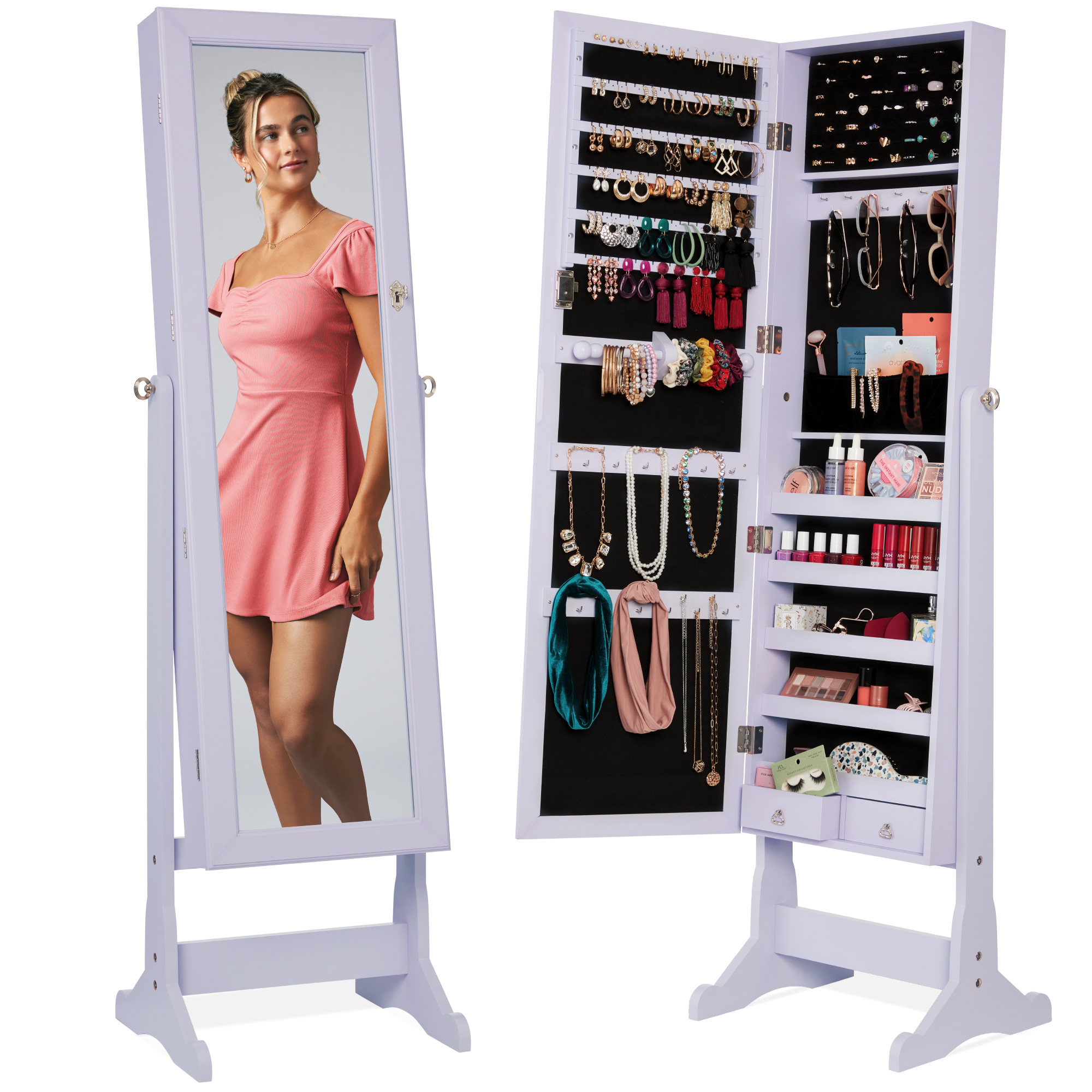 Standing Mirrored Jewelry Armoire Organizer, Lockable Full Length Storage Cabinet w/ Velvet Interior - Lavender - Best Choice Products Online