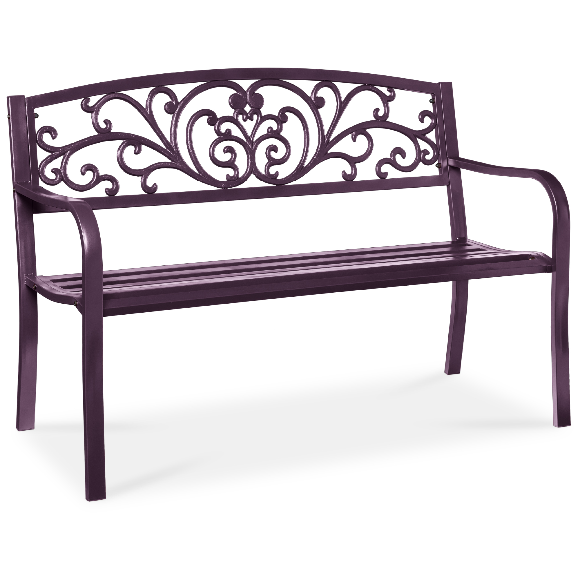 50in Outdoor Patio Garden Bench, Park Yard Furniture Porch Chair w/ Steel Frame, Slatted Seat, Floral Design - Purple - Best Choice Products