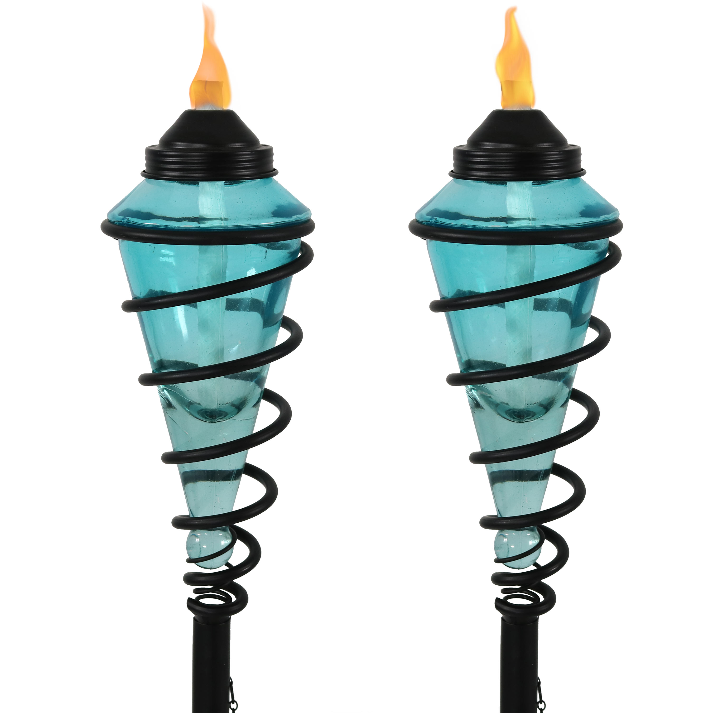 Sunnydaze Adjustable Height Metal Swirl with Glass Outdoor Lawn Patio Torch, Set of 2, Blue