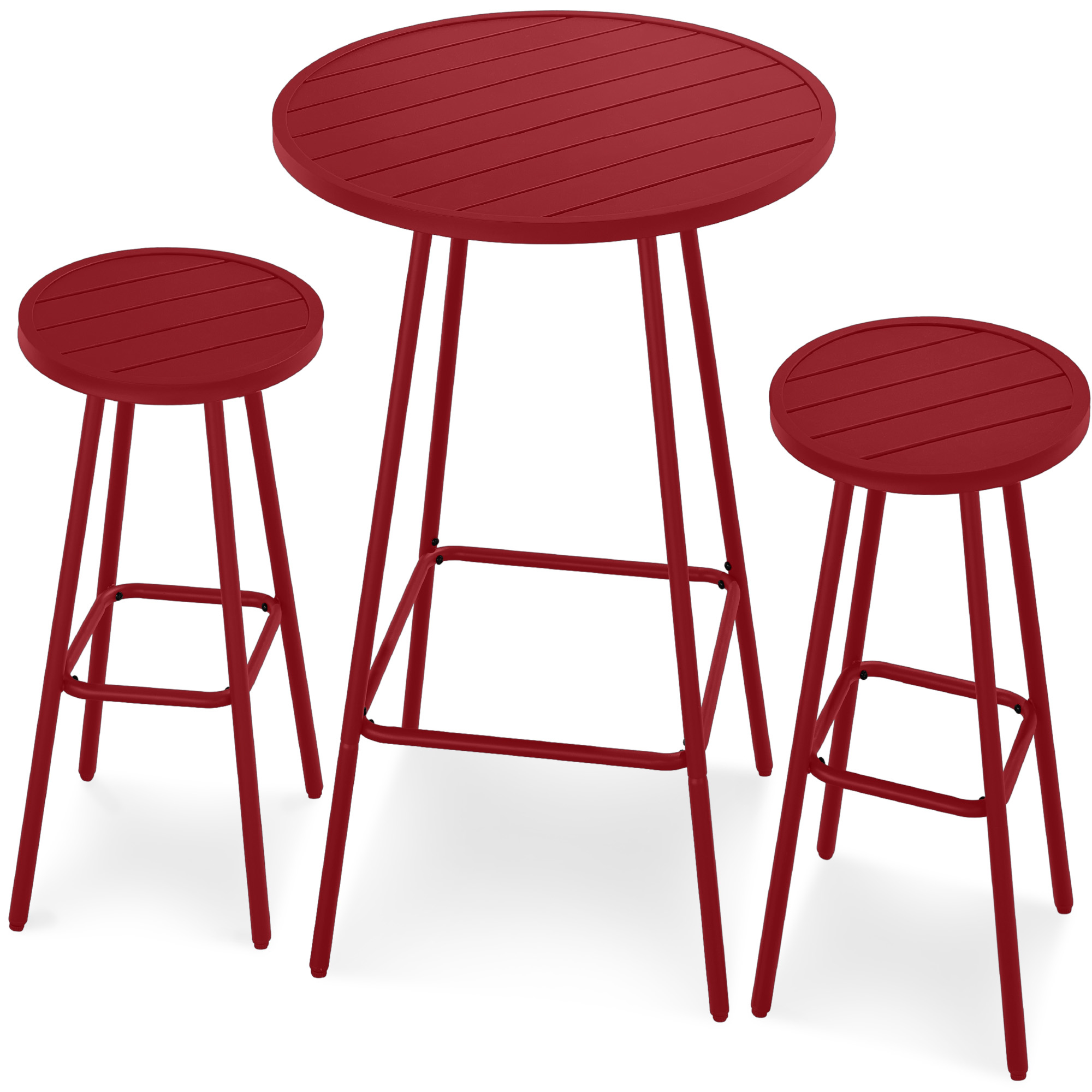 3-Piece Steel Patio Bar Height Round Bistro Set w/ Backless Stools, Slatted Design - Red - Best Choice Products Online