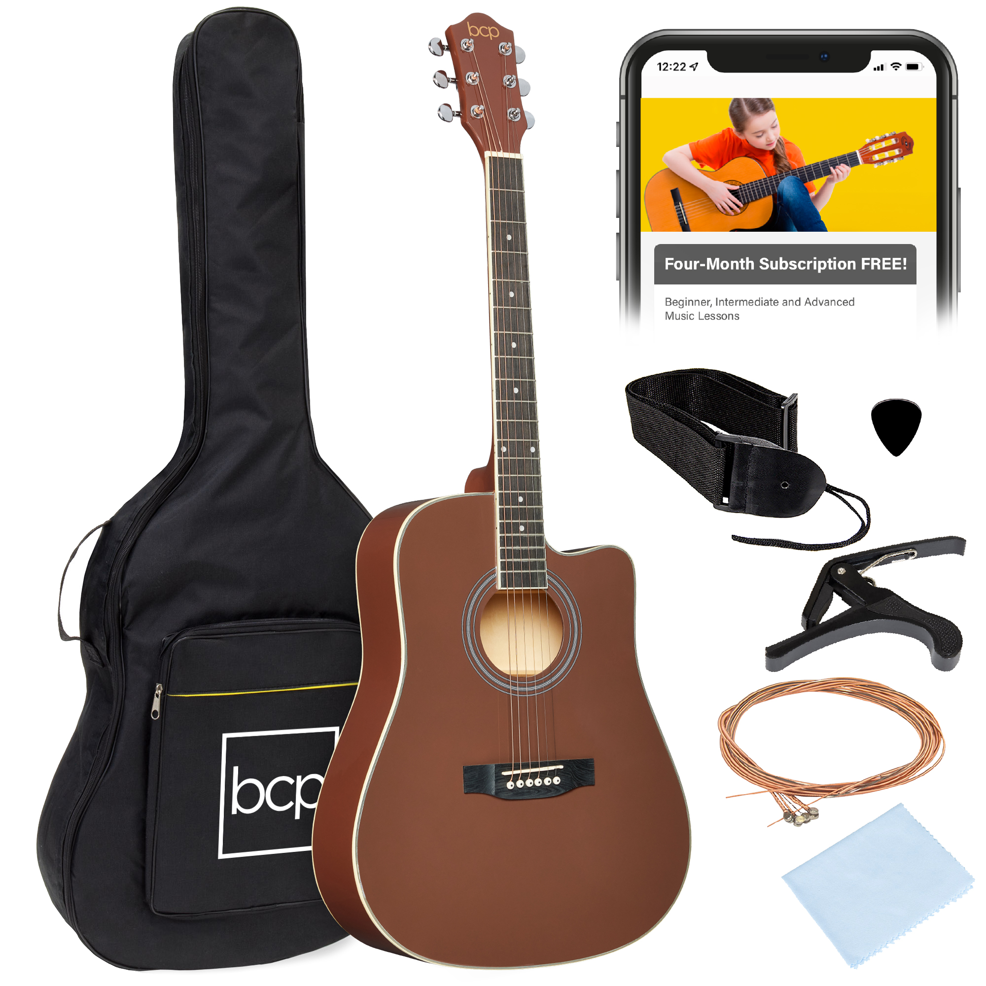 41in Full Size Beginner Acoustic Guitar Set w/ Case, Strap, Capo, Strings, Pick, Tuner - Dark Brown - Best Choice Products Online