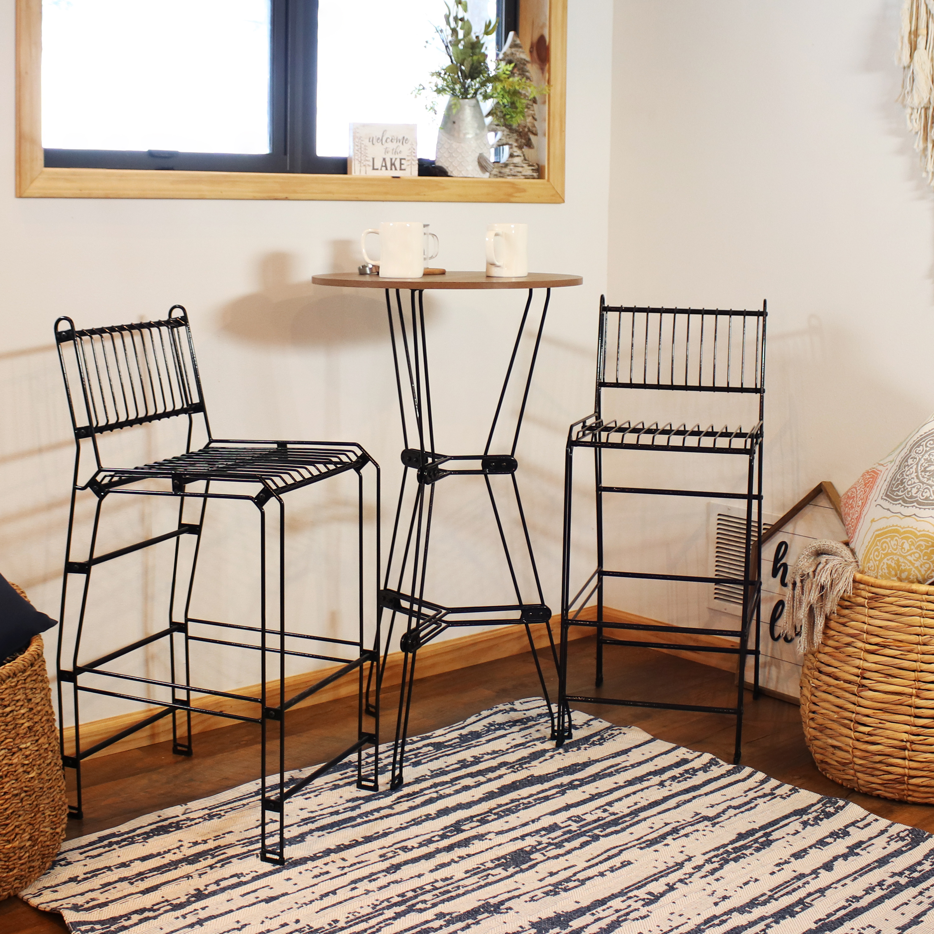 3-Piece Steel Wire Bar Table Set with Faux Woodgrain Tabletop