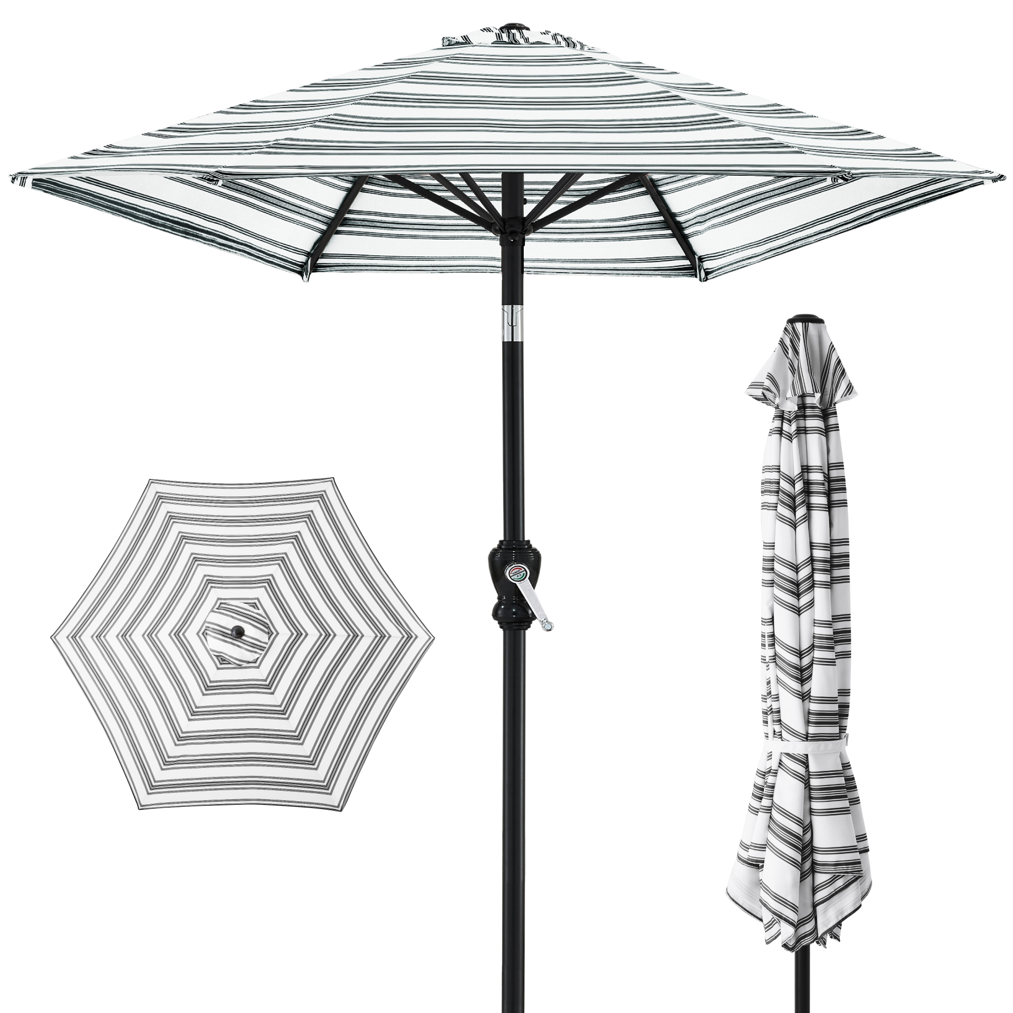 10ft Outdoor Steel Market Patio Umbrella w/ Crank, Tilt Push Button, 6 Ribs - Striped Black - Best Choice Products Online